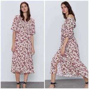 Zara Ruffle Prairie Cottagecore Red Cream Floral Midi Puff Sleeve Ruffle Dress S